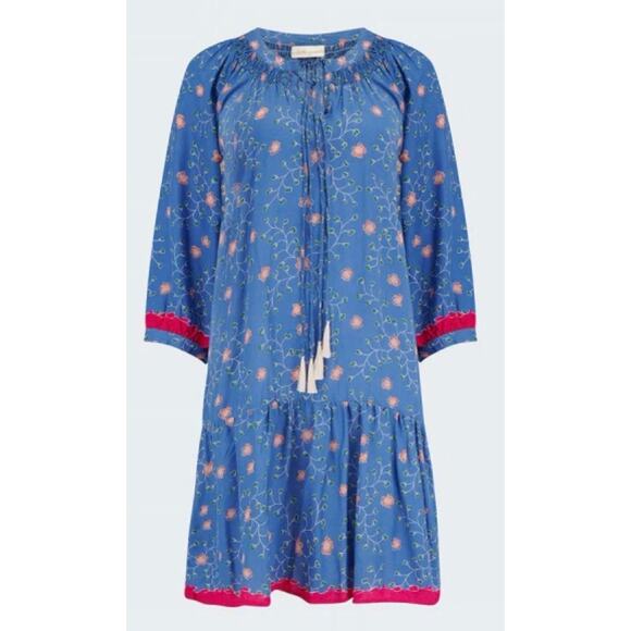 New Natalie Martin Stevie Dress Short Mini Boho Pinwheel Denim Blue Flowers XS - Picture 5 of 15